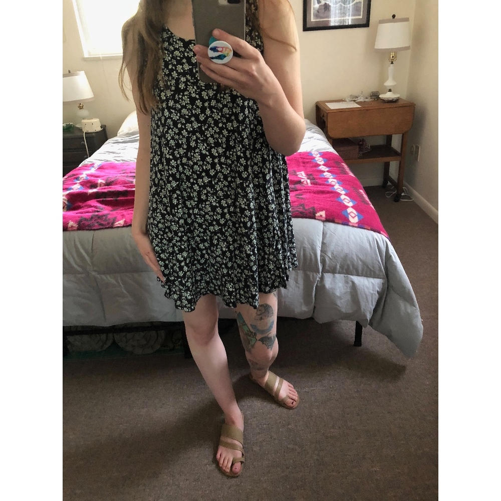 F21 Black Swing Dress with Green and White Flowers
